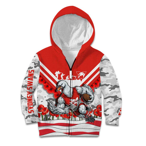 Personalised Sydney Swans ANZAC Kid Hoodie Military Remembrance Australian Football Mascot Camouflage