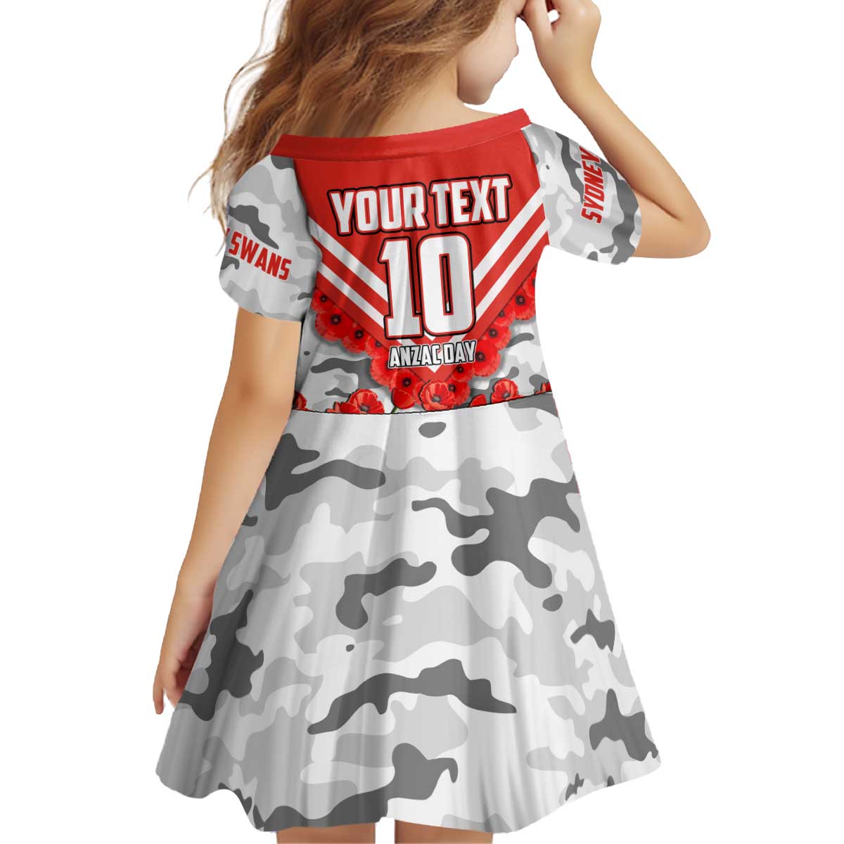 Personalised Sydney Swans ANZAC Kid Short Sleeve Dress Military Remembrance Australian Football Mascot Camouflage