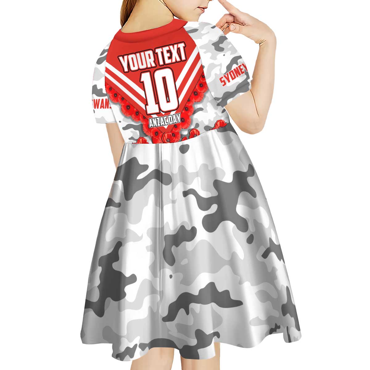 Personalised Sydney Swans ANZAC Kid Short Sleeve Dress Military Remembrance Australian Football Mascot Camouflage