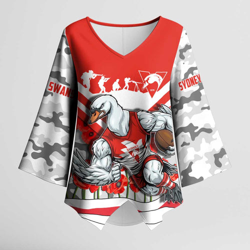 Personalised Sydney Swans ANZAC Kimono Sleeve Blouse Military Remembrance Australian Football Mascot Camouflage