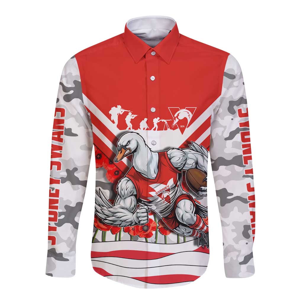 Personalised Sydney Swans ANZAC Long Sleeve Button Shirt Military Remembrance Australian Football Mascot Camouflage