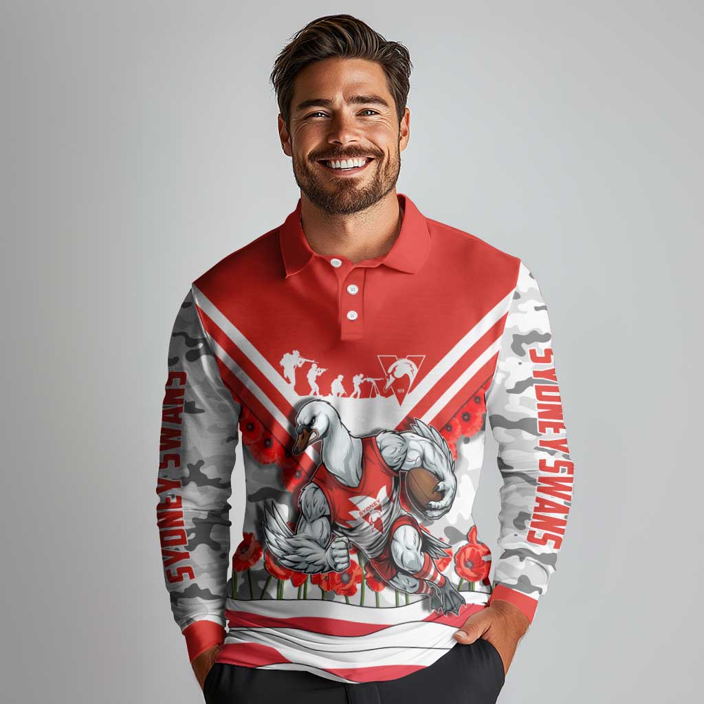 Personalised Sydney Swans ANZAC Long Sleeve Polo Shirt Military Remembrance Australian Football Mascot Camouflage