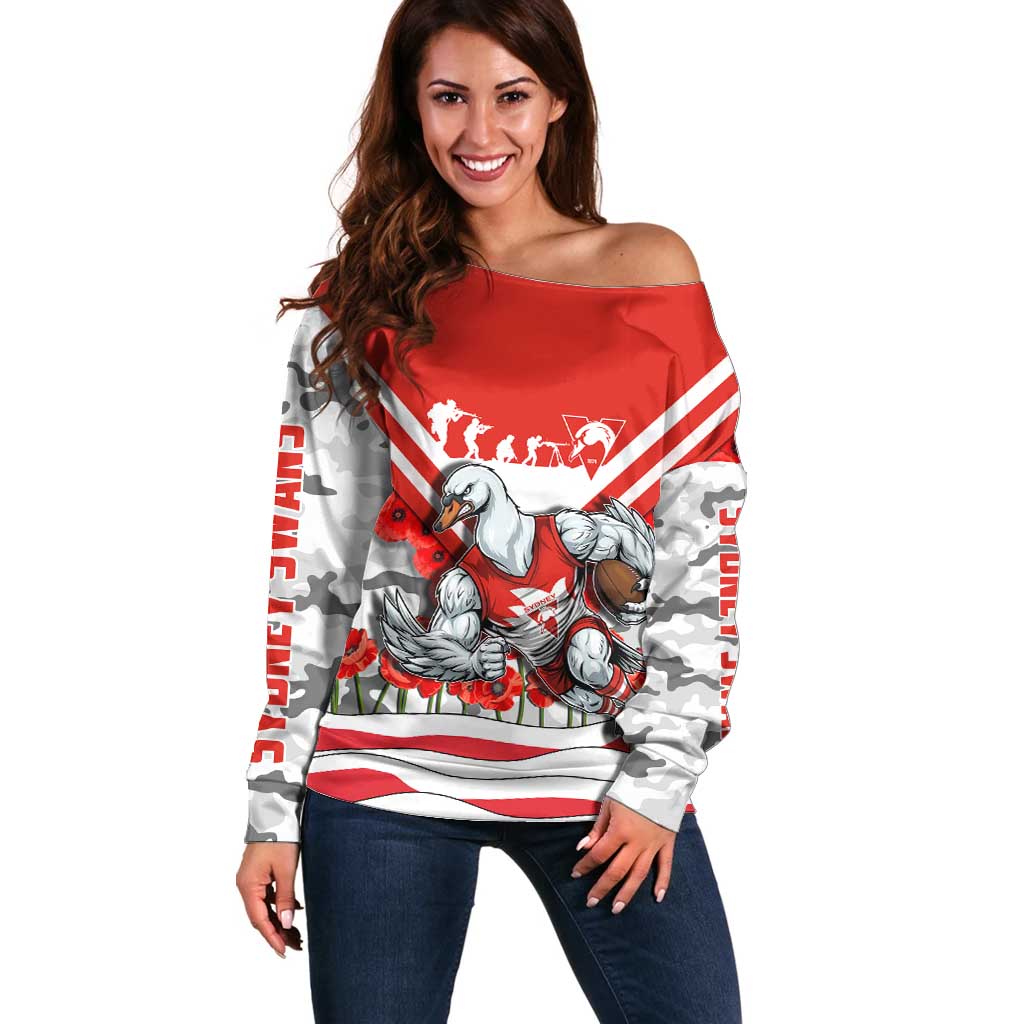 Personalised Sydney Swans ANZAC Off Shoulder Sweater Military Remembrance Australian Football Mascot Camouflage