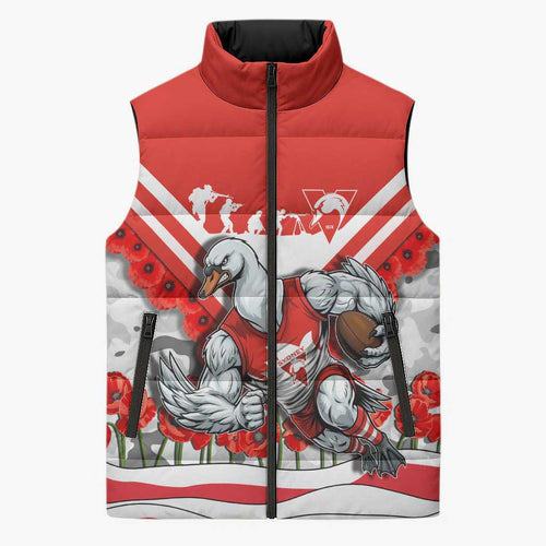 Personalised Sydney Swans ANZAC Sleeveless Puffer Jacket Military Remembrance Australian Football Mascot Camouflage