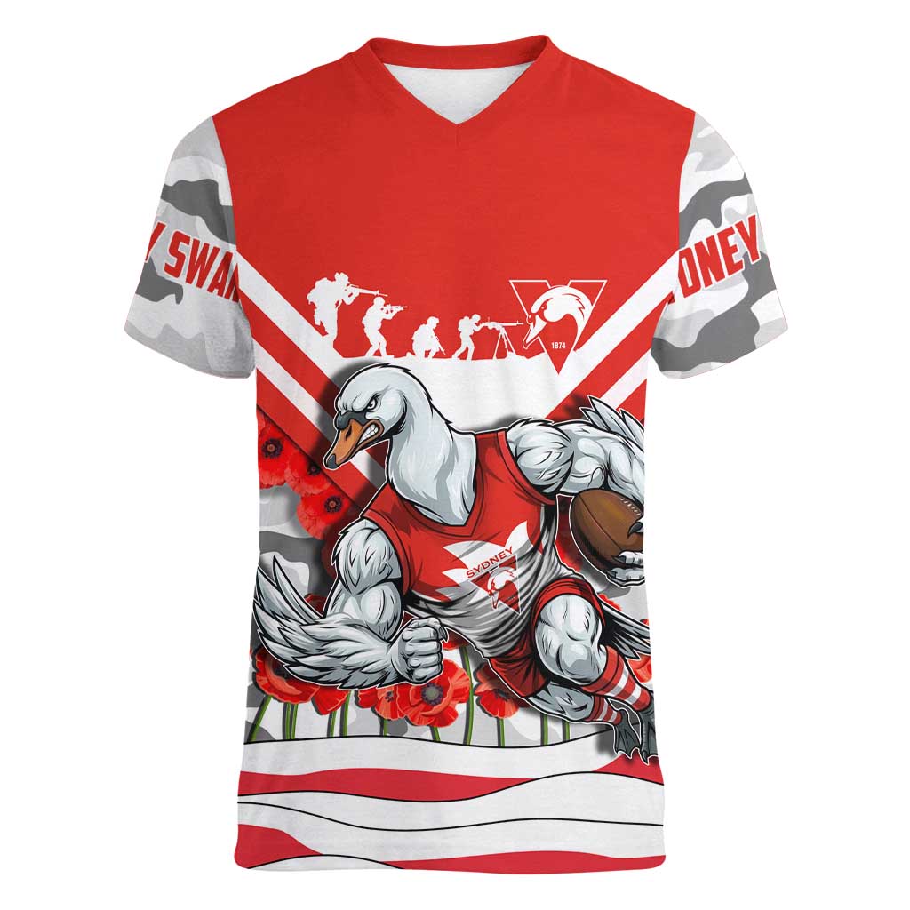 Personalised Sydney Swans ANZAC Women V-Neck T-Shirt Military Remembrance Australian Football Mascot Camouflage