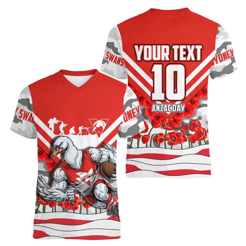 Personalised Sydney Swans ANZAC Women V-Neck T-Shirt Military Remembrance Australian Football Mascot Camouflage