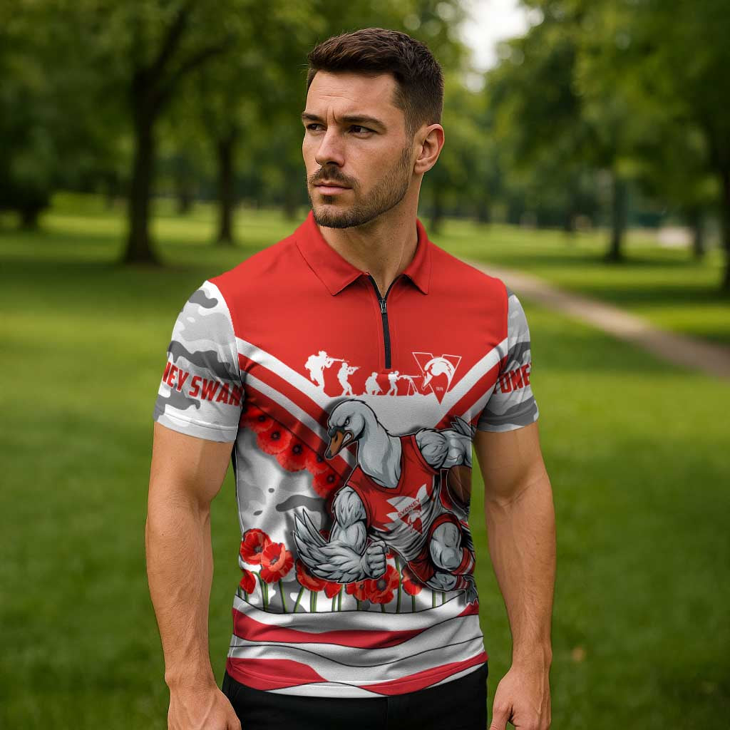 Personalised Sydney Swans ANZAC Zipper Polo Shirt Military Remembrance Australian Football Mascot Camouflage