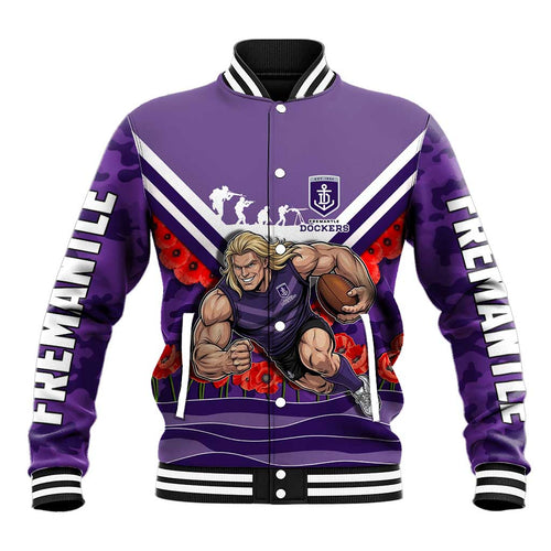 Personalised Fremantle Dockers ANZAC Baseball Jacket Military Remembrance Australian Football Mascot Camouflage