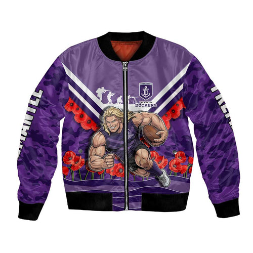 Personalised Fremantle Dockers ANZAC Bomber Jacket Military Remembrance Australian Football Mascot Camouflage