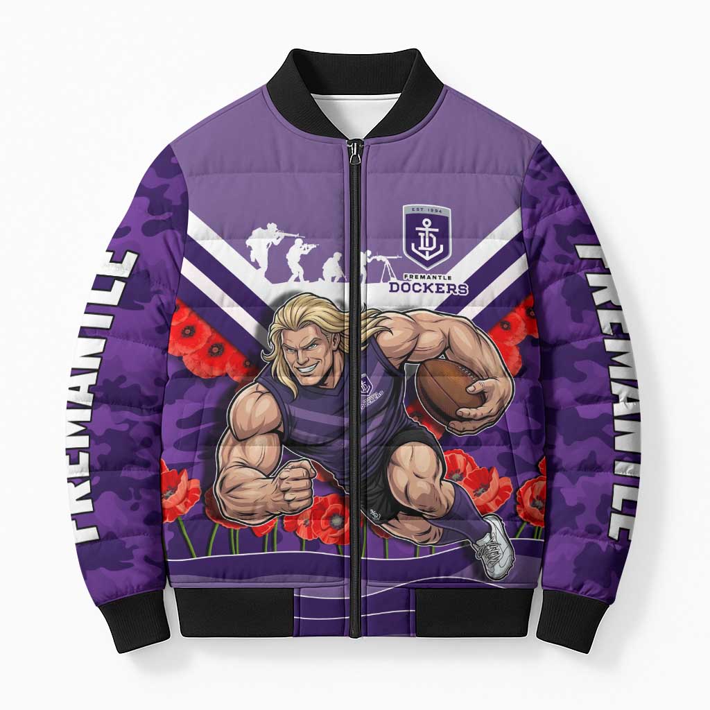Personalised Fremantle Dockers ANZAC Bomber Puffer Jacket Military Remembrance Australian Football Mascot Camouflage