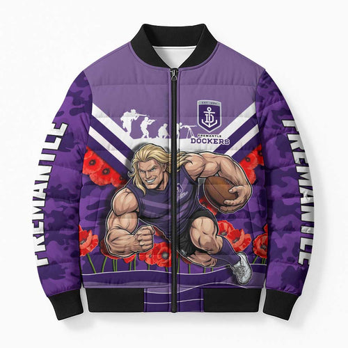 Personalised Fremantle Dockers ANZAC Bomber Puffer Jacket Military Remembrance Australian Football Mascot Camouflage