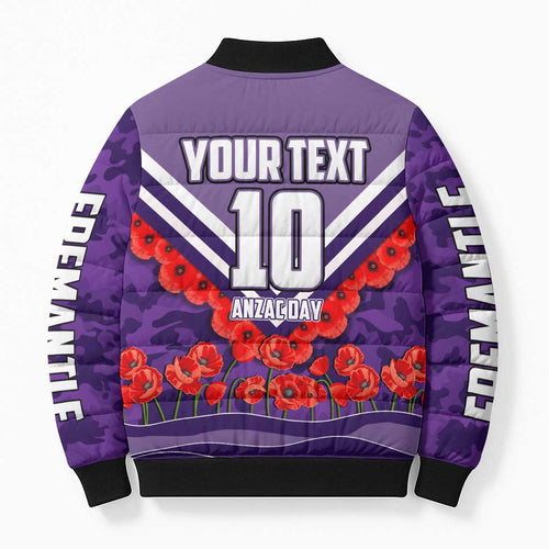 Personalised Fremantle Dockers ANZAC Bomber Puffer Jacket Military Remembrance Australian Football Mascot Camouflage