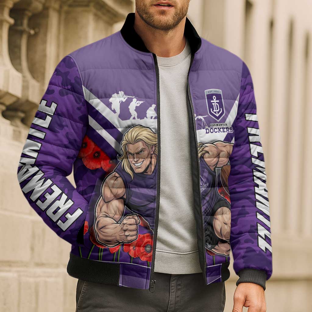 Personalised Fremantle Dockers ANZAC Bomber Puffer Jacket Military Remembrance Australian Football Mascot Camouflage