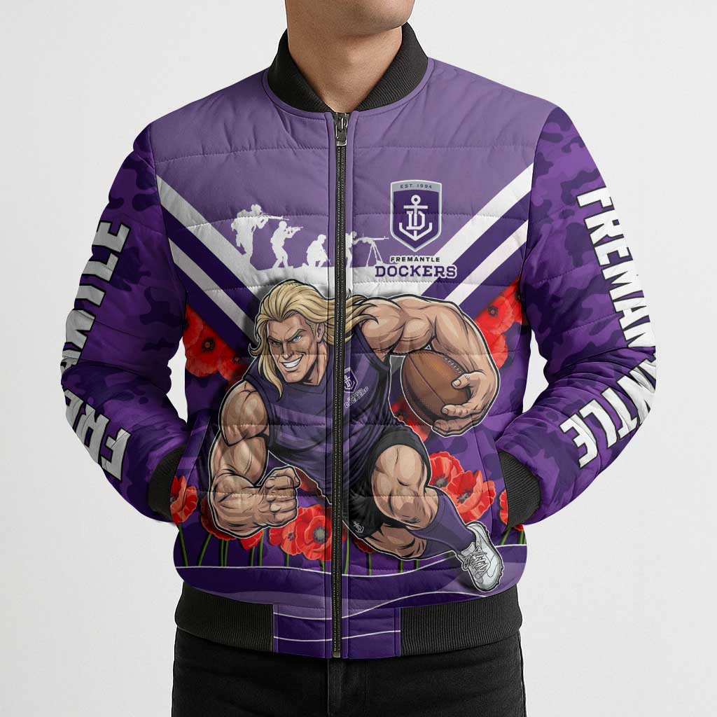 Personalised Fremantle Dockers ANZAC Bomber Puffer Jacket Military Remembrance Australian Football Mascot Camouflage