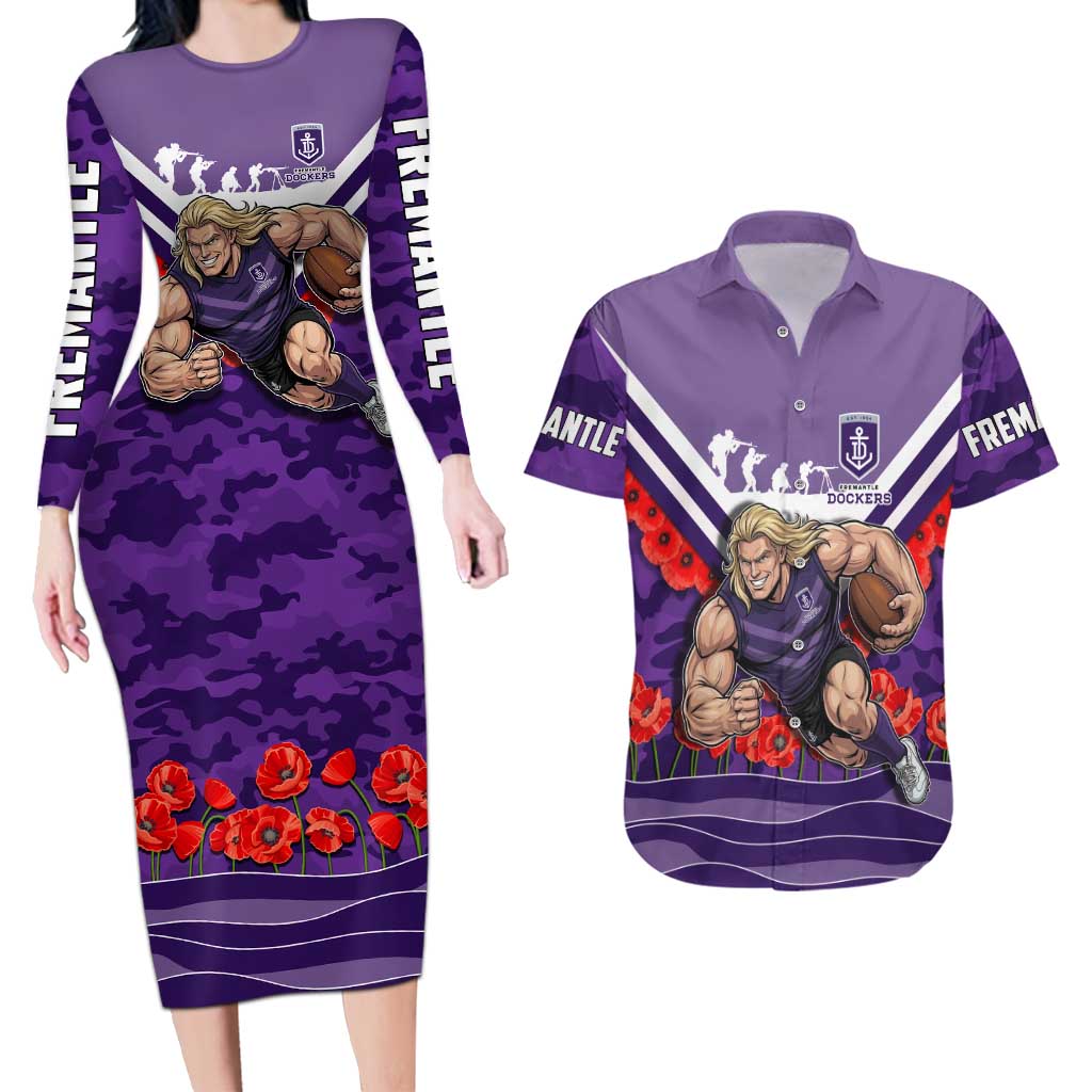 Personalised Fremantle Dockers ANZAC Couples Matching Long Sleeve Bodycon Dress and Hawaiian Shirt Military Remembrance Australian Football Mascot Camouflage