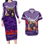 Personalised Fremantle Dockers ANZAC Couples Matching Long Sleeve Bodycon Dress and Hawaiian Shirt Military Remembrance Australian Football Mascot Camouflage