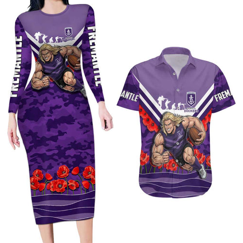 Personalised Fremantle Dockers ANZAC Couples Matching Long Sleeve Bodycon Dress and Hawaiian Shirt Military Remembrance Australian Football Mascot Camouflage