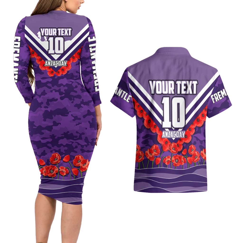 Personalised Fremantle Dockers ANZAC Couples Matching Long Sleeve Bodycon Dress and Hawaiian Shirt Military Remembrance Australian Football Mascot Camouflage