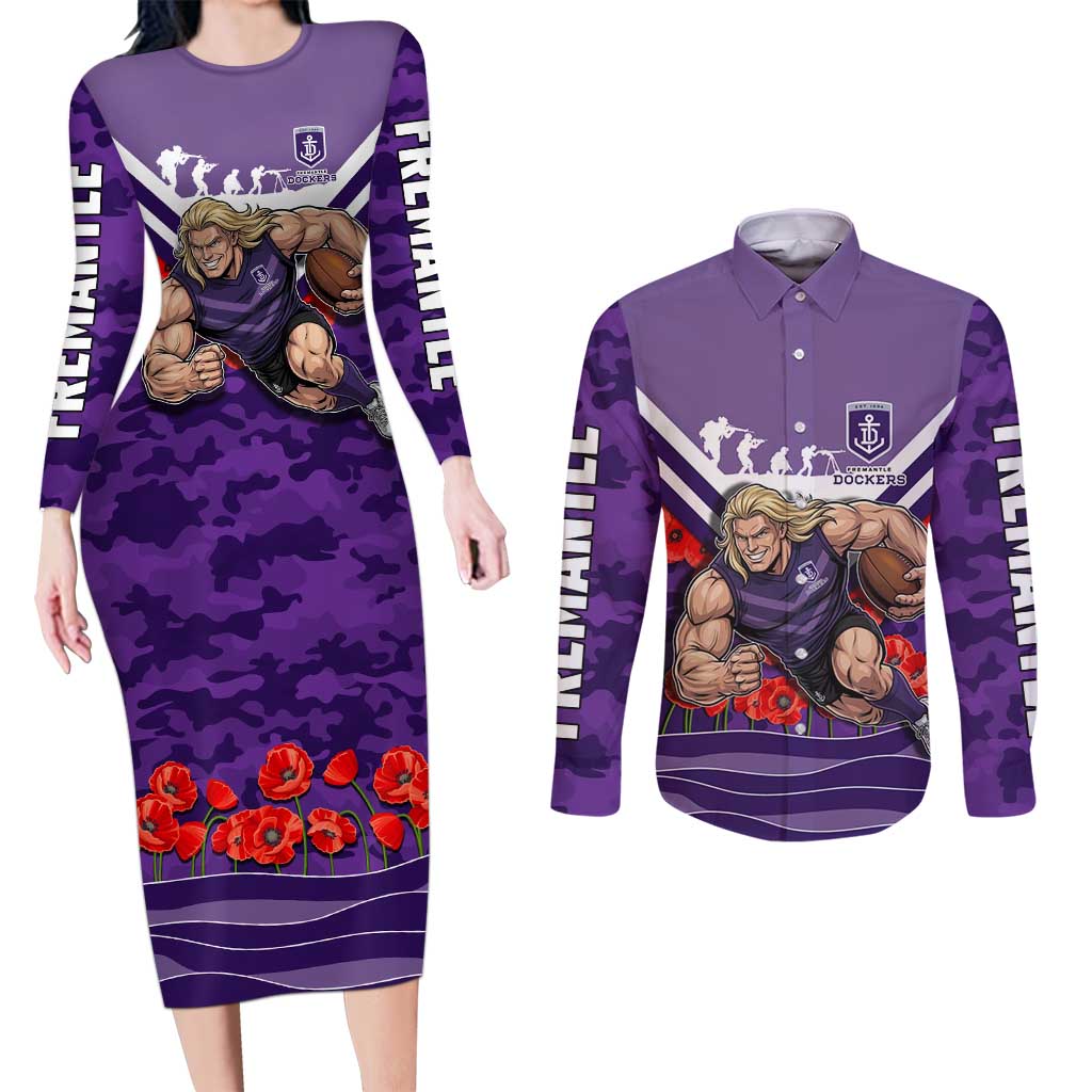 Personalised Fremantle Dockers ANZAC Couples Matching Long Sleeve Bodycon Dress and Long Sleeve Button Shirt Military Remembrance Australian Football Mascot Camouflage