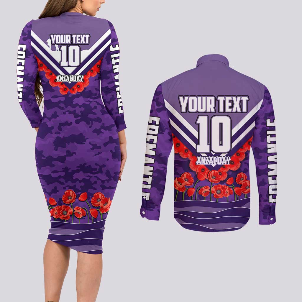 Personalised Fremantle Dockers ANZAC Couples Matching Long Sleeve Bodycon Dress and Long Sleeve Button Shirt Military Remembrance Australian Football Mascot Camouflage