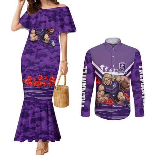 Personalised Fremantle Dockers ANZAC Couples Matching Mermaid Dress and Long Sleeve Button Shirt Military Remembrance Australian Football Mascot Camouflage