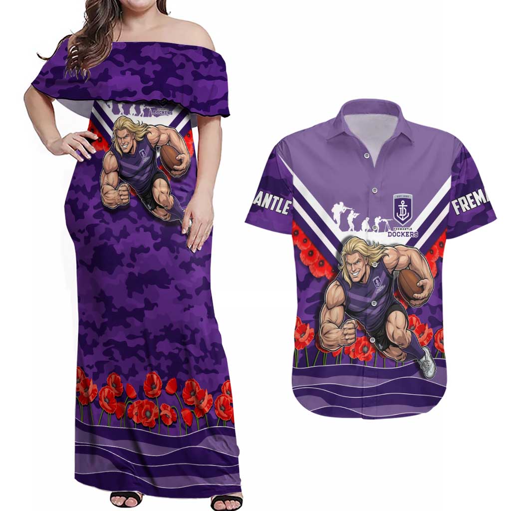 Personalised Fremantle Dockers ANZAC Couples Matching Off Shoulder Maxi Dress and Hawaiian Shirt Military Remembrance Australian Football Mascot Camouflage