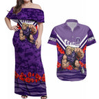 Personalised Fremantle Dockers ANZAC Couples Matching Off Shoulder Maxi Dress and Hawaiian Shirt Military Remembrance Australian Football Mascot Camouflage