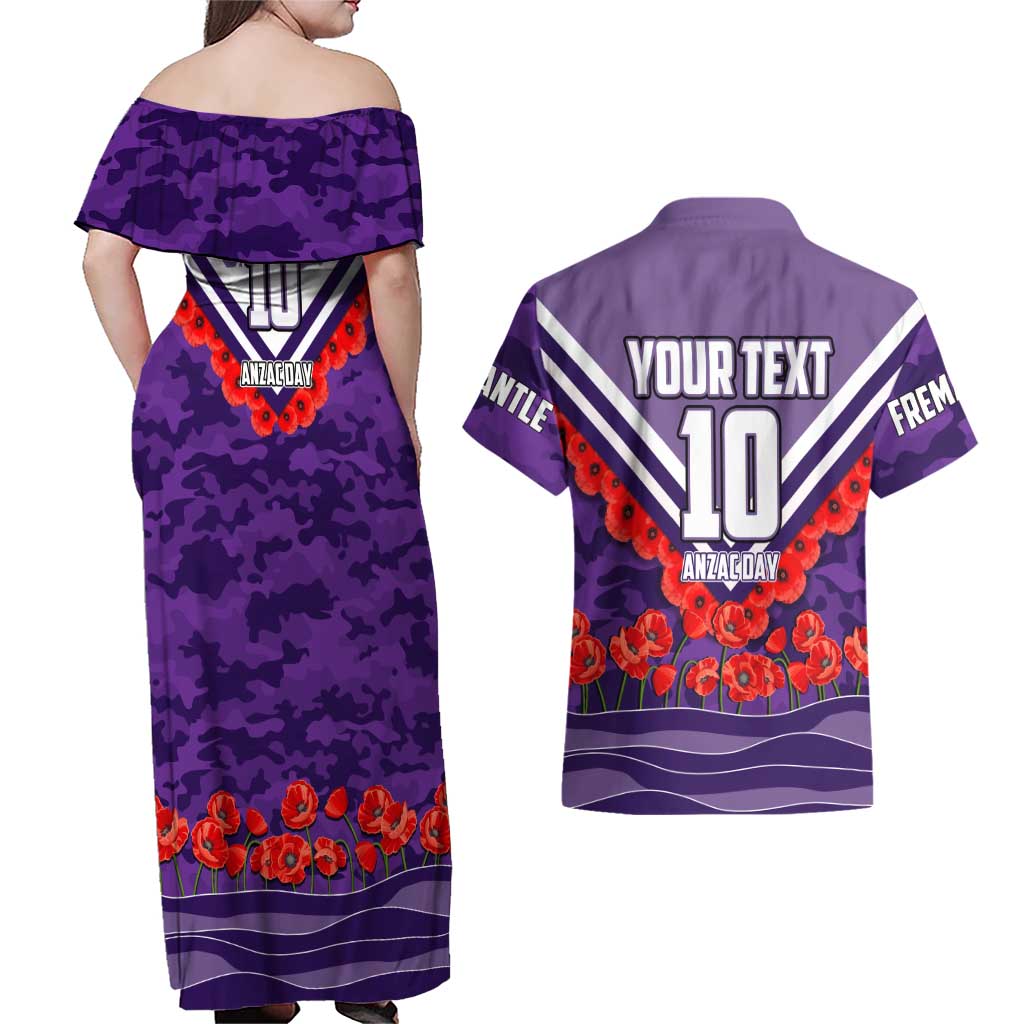 Personalised Fremantle Dockers ANZAC Couples Matching Off Shoulder Maxi Dress and Hawaiian Shirt Military Remembrance Australian Football Mascot Camouflage