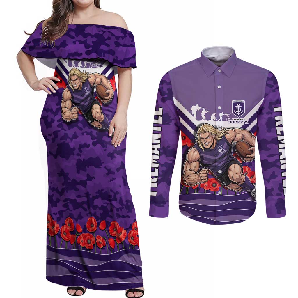 Personalised Fremantle Dockers ANZAC Couples Matching Off Shoulder Maxi Dress and Long Sleeve Button Shirt Military Remembrance Australian Football Mascot Camouflage