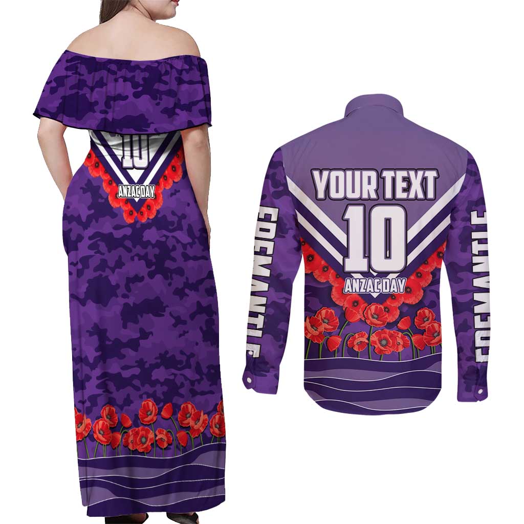 Personalised Fremantle Dockers ANZAC Couples Matching Off Shoulder Maxi Dress and Long Sleeve Button Shirt Military Remembrance Australian Football Mascot Camouflage
