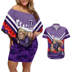 Personalised Fremantle Dockers ANZAC Couples Matching Off Shoulder Short Dress and Hawaiian Shirt Military Remembrance Australian Football Mascot Camouflage