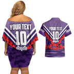 Personalised Fremantle Dockers ANZAC Couples Matching Off Shoulder Short Dress and Hawaiian Shirt Military Remembrance Australian Football Mascot Camouflage