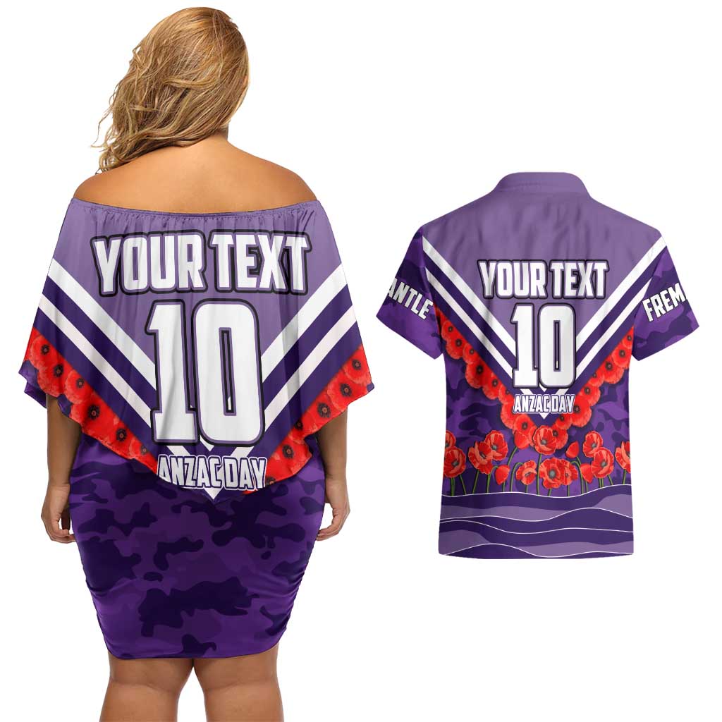 Personalised Fremantle Dockers ANZAC Couples Matching Off Shoulder Short Dress and Hawaiian Shirt Military Remembrance Australian Football Mascot Camouflage