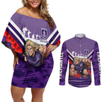 Personalised Fremantle Dockers ANZAC Couples Matching Off Shoulder Short Dress and Long Sleeve Button Shirt Military Remembrance Australian Football Mascot Camouflage