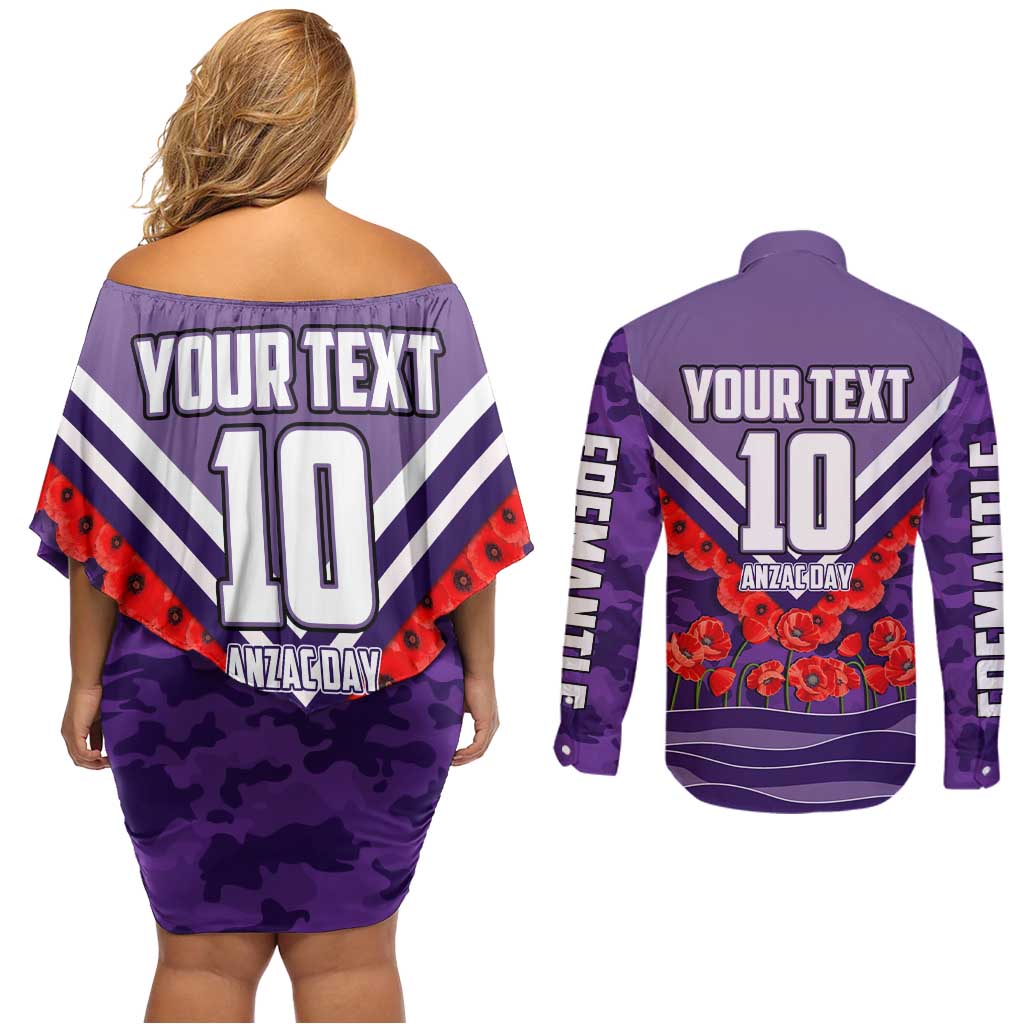 Personalised Fremantle Dockers ANZAC Couples Matching Off Shoulder Short Dress and Long Sleeve Button Shirt Military Remembrance Australian Football Mascot Camouflage