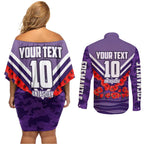 Personalised Fremantle Dockers ANZAC Couples Matching Off Shoulder Short Dress and Long Sleeve Button Shirt Military Remembrance Australian Football Mascot Camouflage