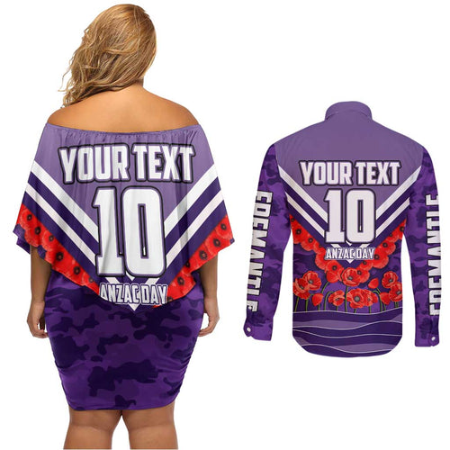 Personalised Fremantle Dockers ANZAC Couples Matching Off Shoulder Short Dress and Long Sleeve Button Shirt Military Remembrance Australian Football Mascot Camouflage