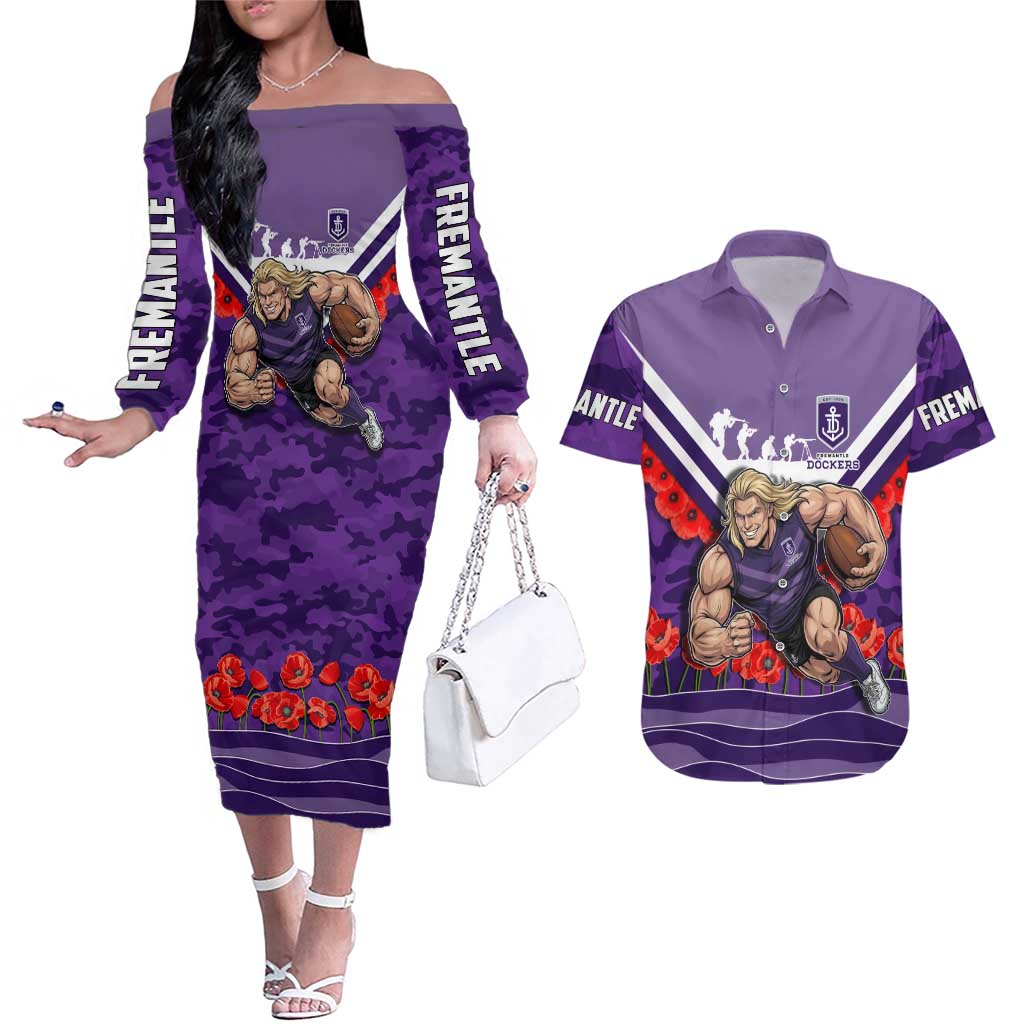 Personalised Fremantle Dockers ANZAC Couples Matching Off The Shoulder Long Sleeve Dress and Hawaiian Shirt Military Remembrance Australian Football Mascot Camouflage