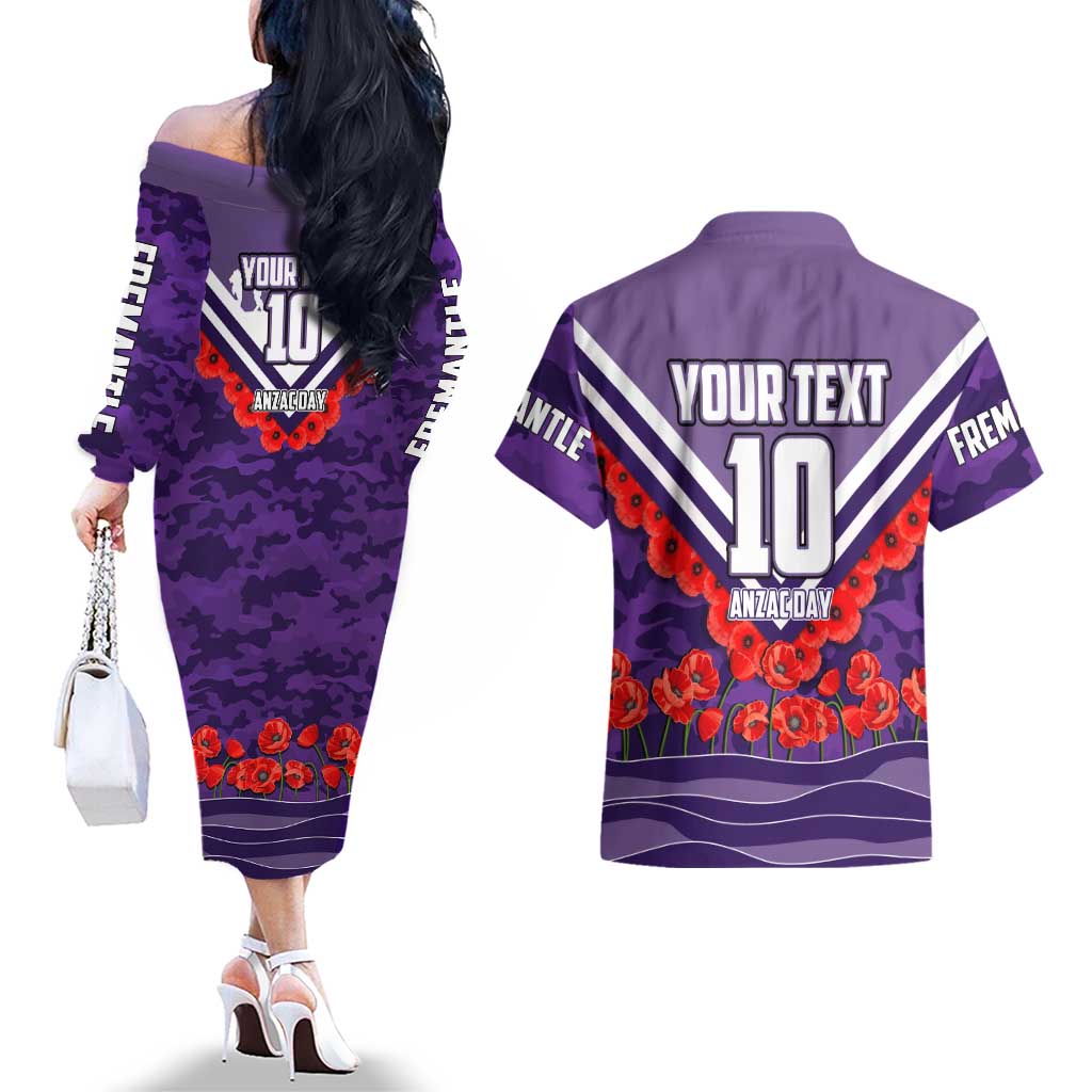 Personalised Fremantle Dockers ANZAC Couples Matching Off The Shoulder Long Sleeve Dress and Hawaiian Shirt Military Remembrance Australian Football Mascot Camouflage