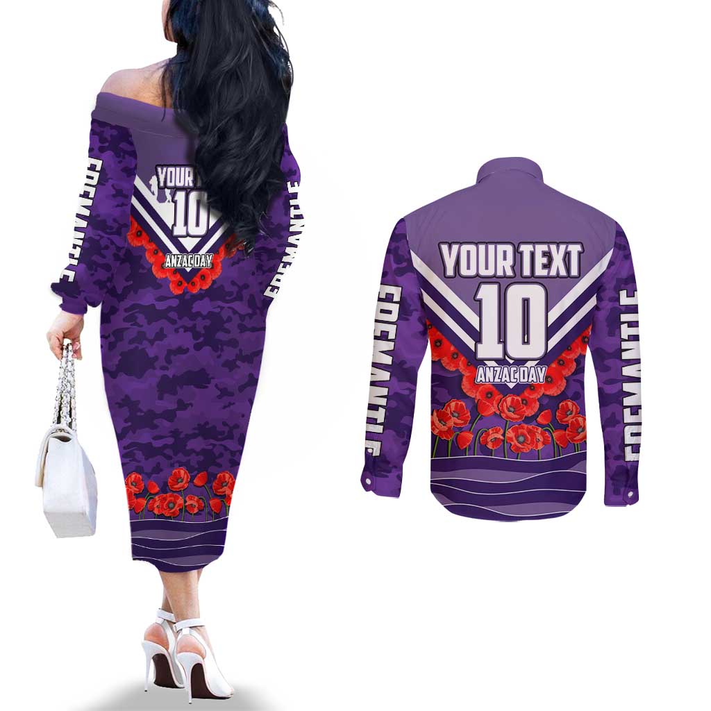Personalised Fremantle Dockers ANZAC Couples Matching Off The Shoulder Long Sleeve Dress and Long Sleeve Button Shirt Military Remembrance Australian Football Mascot Camouflage