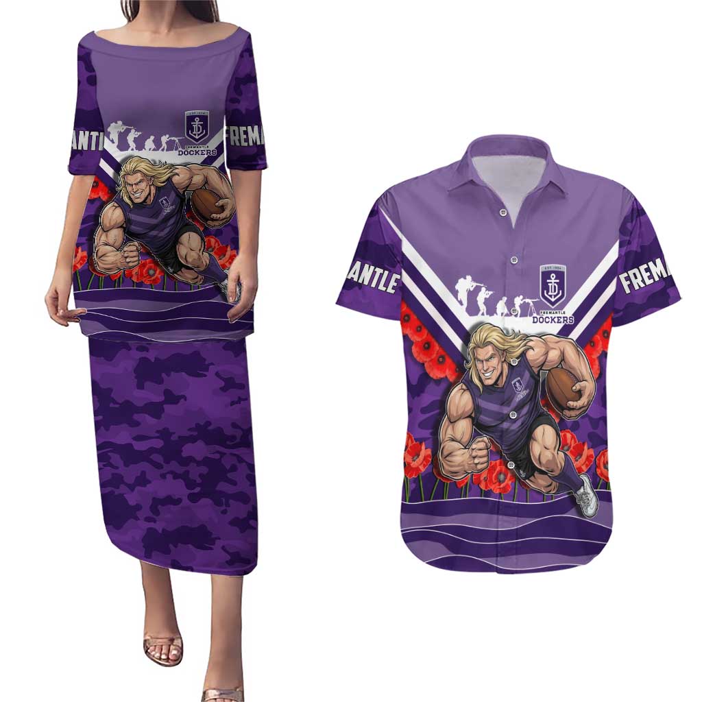 Personalised Fremantle Dockers ANZAC Couples Matching Puletasi and Hawaiian Shirt Military Remembrance Australian Football Mascot Camouflage