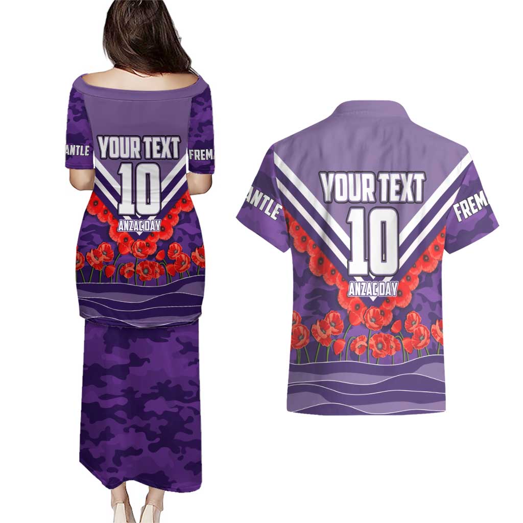 Personalised Fremantle Dockers ANZAC Couples Matching Puletasi and Hawaiian Shirt Military Remembrance Australian Football Mascot Camouflage