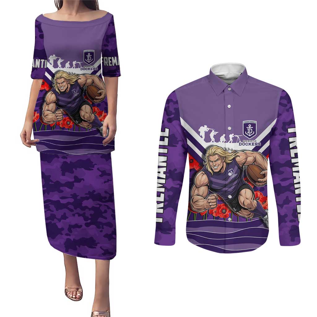 Personalised Fremantle Dockers ANZAC Couples Matching Puletasi and Long Sleeve Button Shirt Military Remembrance Australian Football Mascot Camouflage