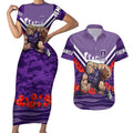 Personalised Fremantle Dockers ANZAC Couples Matching Short Sleeve Bodycon Dress and Hawaiian Shirt Military Remembrance Australian Football Mascot Camouflage