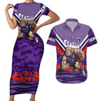 Personalised Fremantle Dockers ANZAC Couples Matching Short Sleeve Bodycon Dress and Hawaiian Shirt Military Remembrance Australian Football Mascot Camouflage