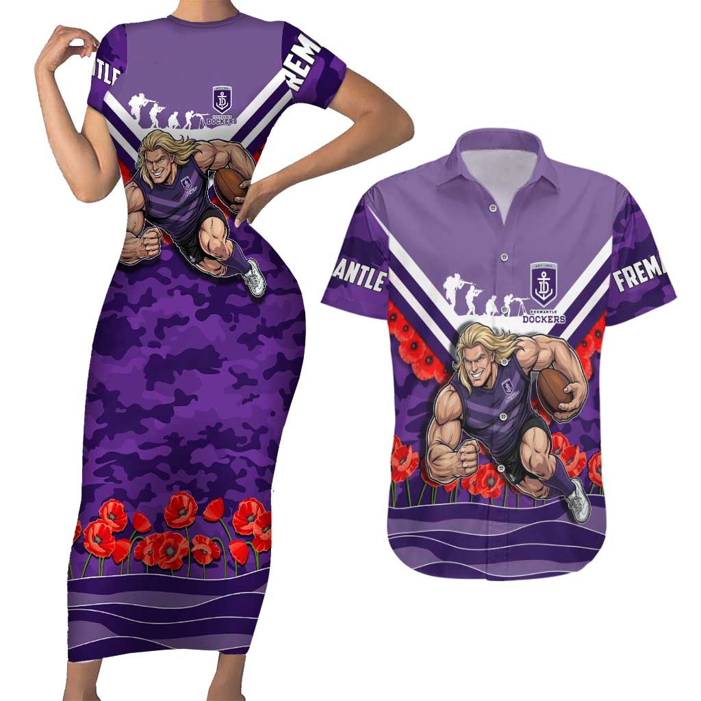 Personalised Fremantle Dockers ANZAC Couples Matching Short Sleeve Bodycon Dress and Hawaiian Shirt Military Remembrance Australian Football Mascot Camouflage
