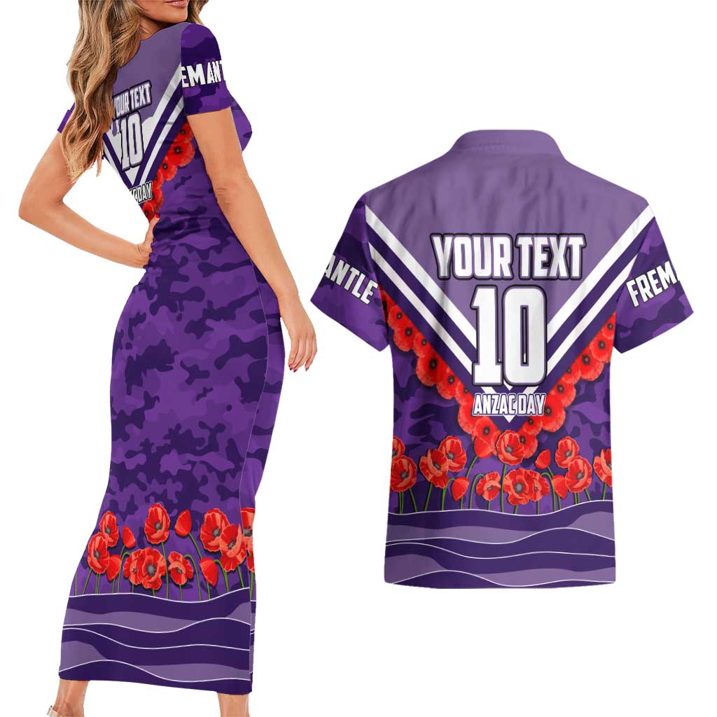 Personalised Fremantle Dockers ANZAC Couples Matching Short Sleeve Bodycon Dress and Hawaiian Shirt Military Remembrance Australian Football Mascot Camouflage