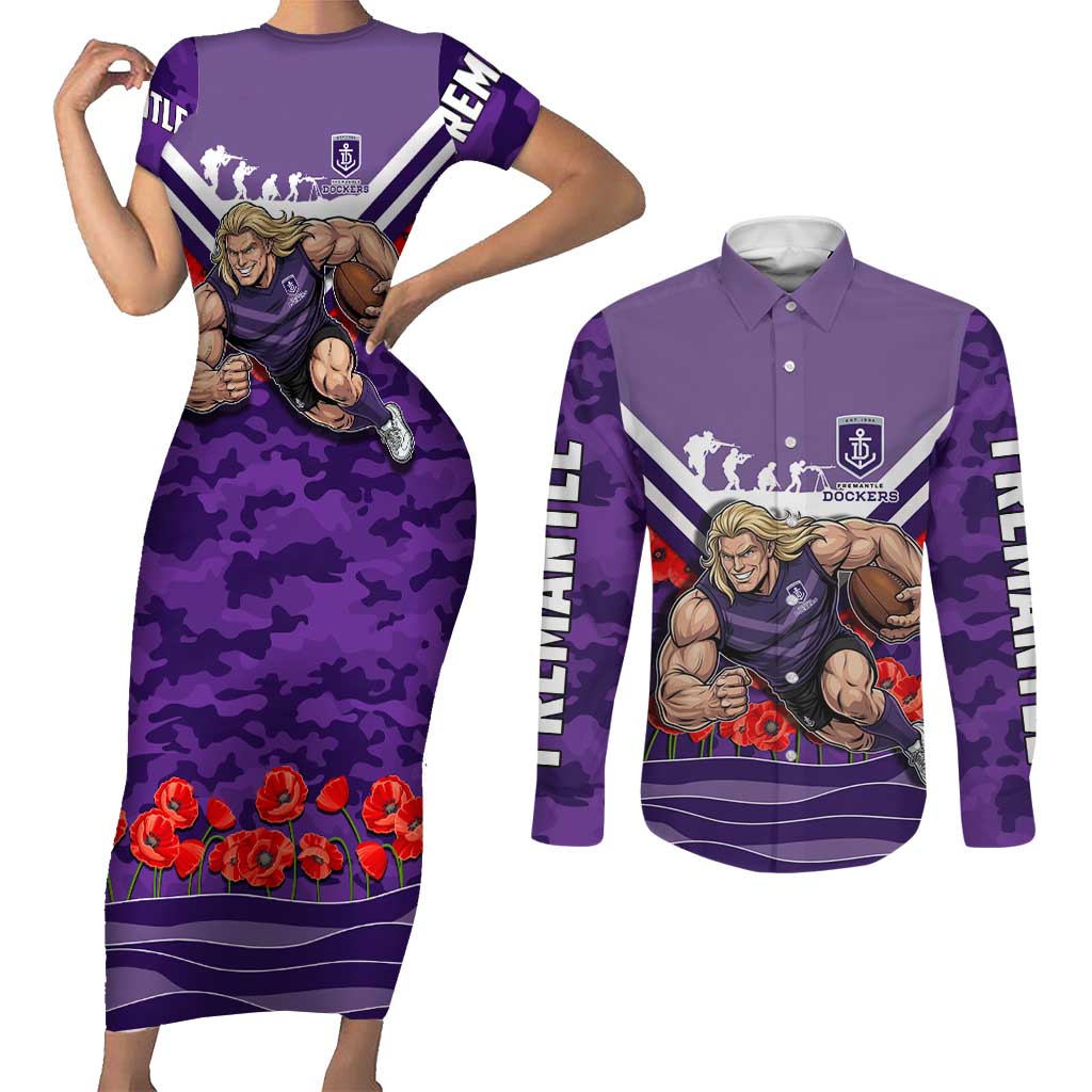 Personalised Fremantle Dockers ANZAC Couples Matching Short Sleeve Bodycon Dress and Long Sleeve Button Shirt Military Remembrance Australian Football Mascot Camouflage