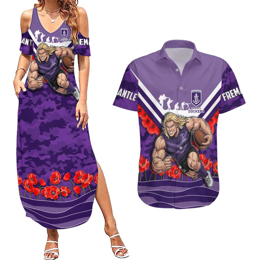 Personalised Fremantle Dockers ANZAC Couples Matching Summer Maxi Dress and Hawaiian Shirt Military Remembrance Australian Football Mascot Camouflage