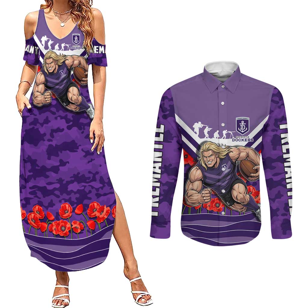Personalised Fremantle Dockers ANZAC Couples Matching Summer Maxi Dress and Long Sleeve Button Shirt Military Remembrance Australian Football Mascot Camouflage